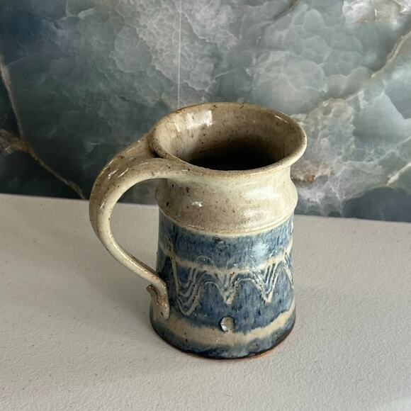 Studio Art Pottery Mug 4.5" Stoneware Blue & Tan Striped Speckled Wave - Picture 3 of 8